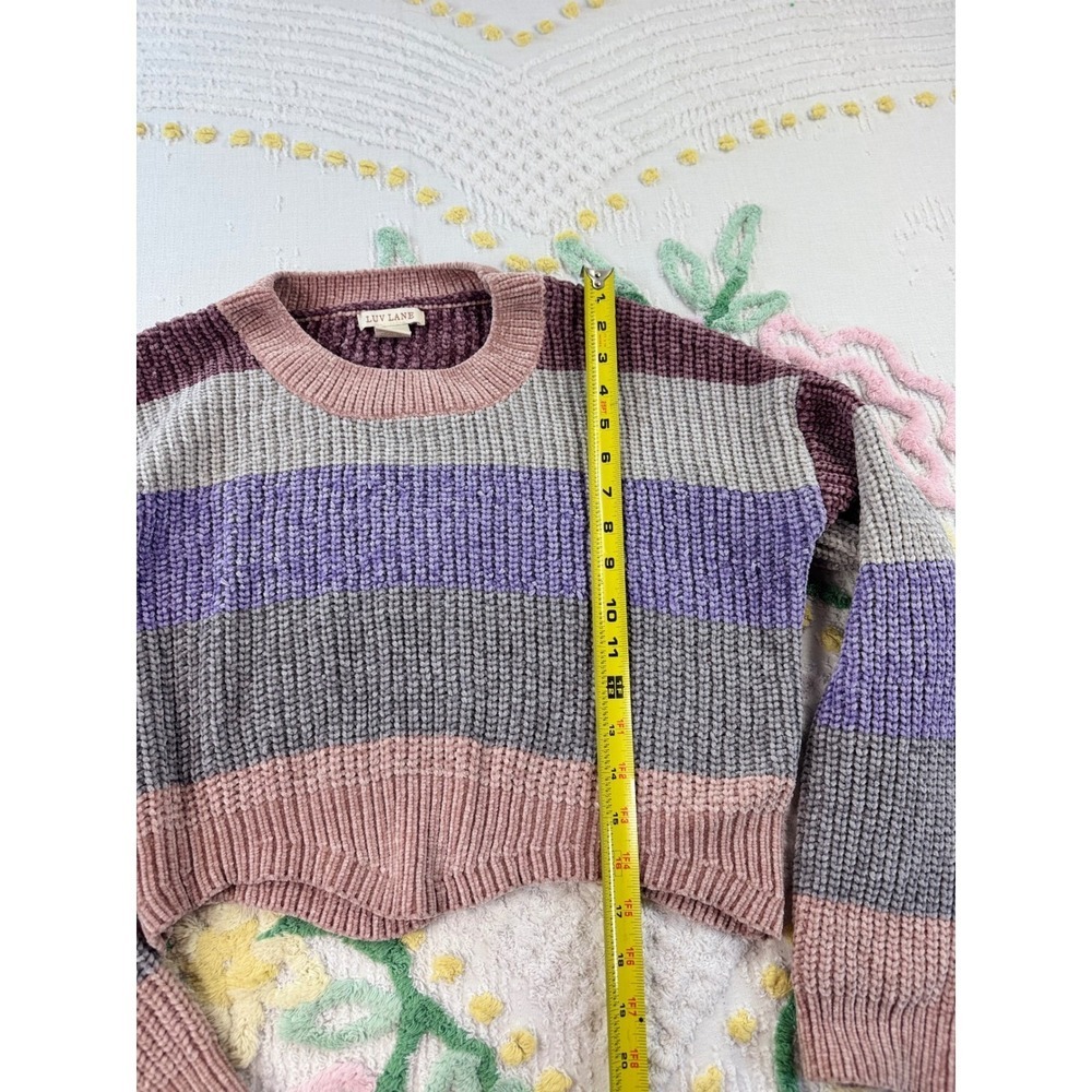 Luv Lane Chenille Striped Cropped Sweater Purple Pink Grey Small - Picture 4 of 7